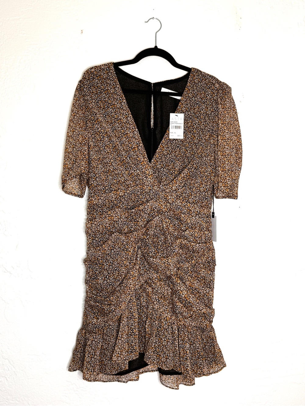 ASTR Brown Floral Ruched V-Neck Mini Dress